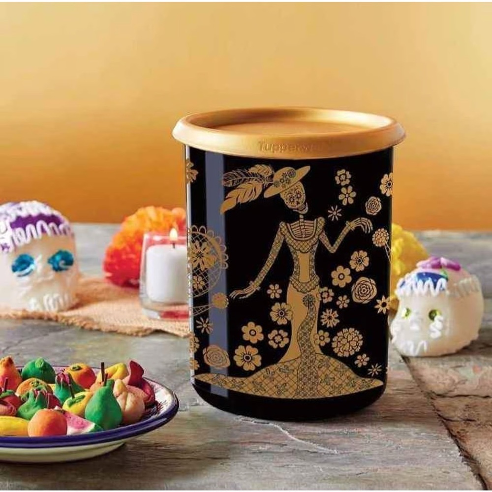Tupperware Black and Gold Floral Catrina Container Dia de los Muertos